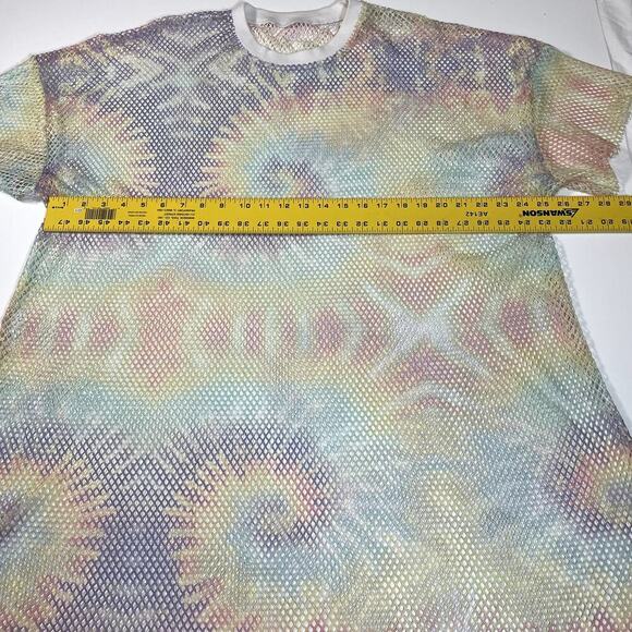 Womens Tie Dye Sheer Mesh Rainbow Oversized Stretchy Short Sleeve Coverup Tee - Picture 4 of 7